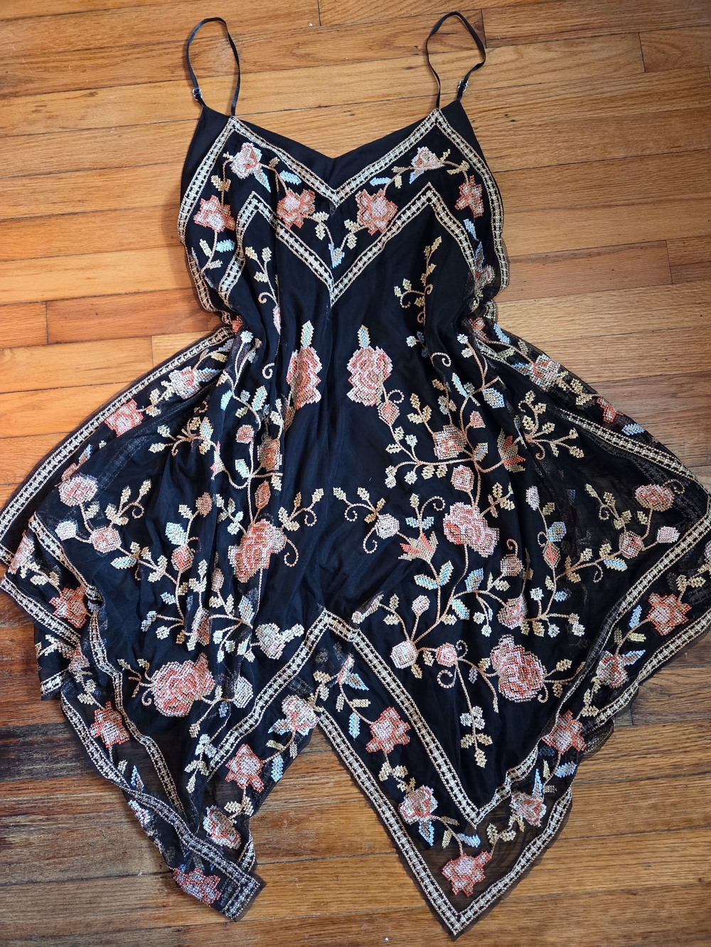 Black Floral Embroidered Spaghetti Strap Dress